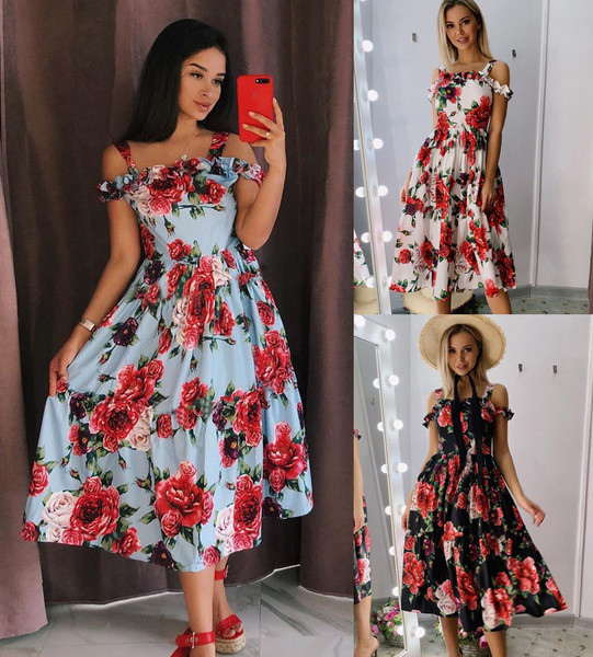 Alkalmi női rövid ruha vékony pántokkal, virágmintával