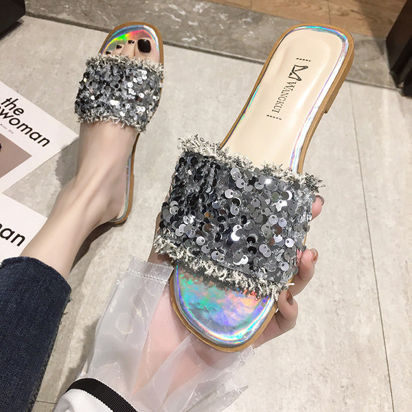 Ženske papuče s ravnim potplatom i šljokicama