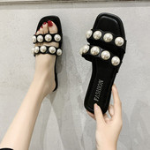 Papuci casual de dama in negru cu perle