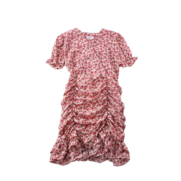 Modern női ruha rövid ujjal, virágmintával és spitz nyakkivágással