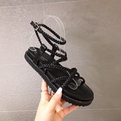 Sandale casual dama cu talpa plate si pietre in negru