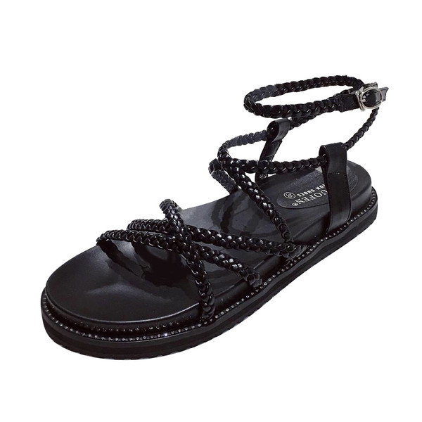 Naiste vabaaja sandaalid lameda talla ja kividega musta värvi