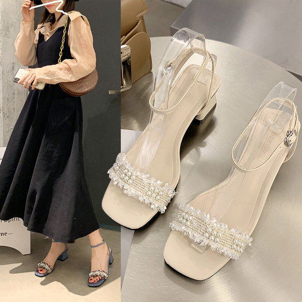 Дамски сандали с дебел 6см ток и перли