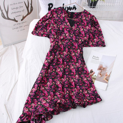 Rochie de dama asimetrica cu decolteu spitz si model floral