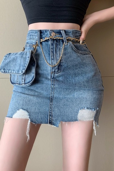 Дамска ежедневна къса дънкова пола с разкъсан десен и висока талия