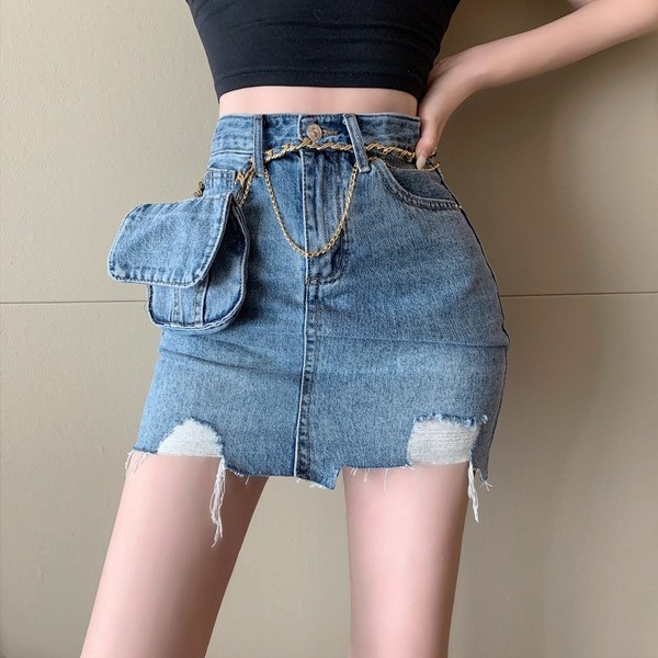 Дамска ежедневна къса дънкова пола с разкъсан десен и висока талия