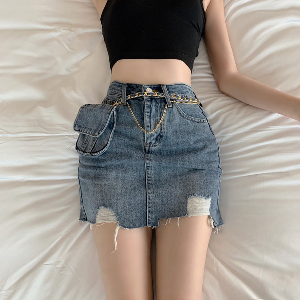 Дамска ежедневна къса дънкова пола с разкъсан десен и висока талия