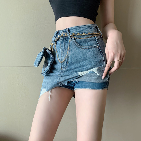 Дамска ежедневна къса дънкова пола с разкъсан десен и висока талия