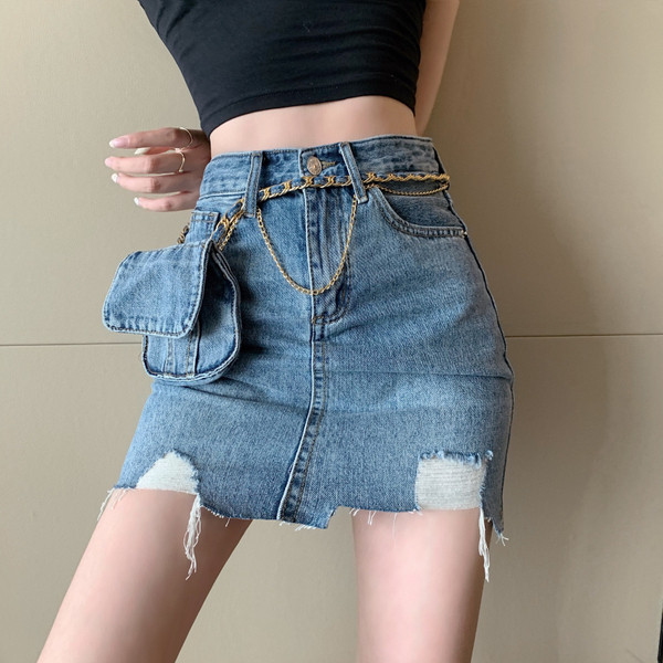 Дамска ежедневна къса дънкова пола с разкъсан десен и висока талия