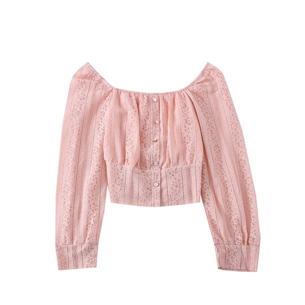 Modern női csipkeblúz csónakos nyakkivágással és gombokkal