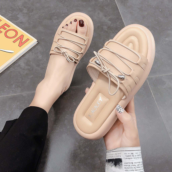 Ежедневни дамски чехли с равна подметка и връзки от еко кожа 