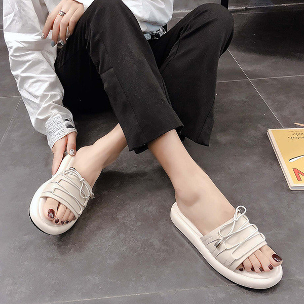 Ежедневни дамски чехли с равна подметка и връзки от еко кожа 