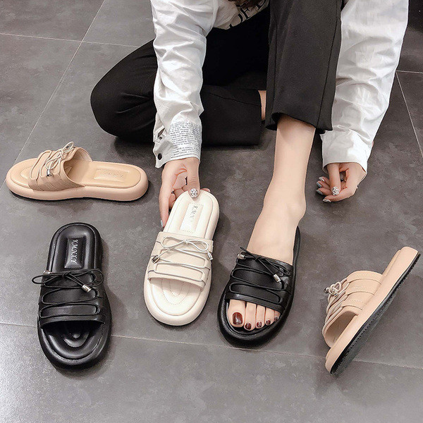 Ежедневни дамски чехли с равна подметка и връзки от еко кожа 