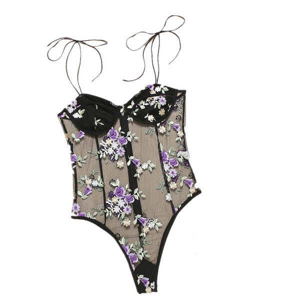 Elegantni ženski bodi s vezom i tankim naramenicama u crnoj boji