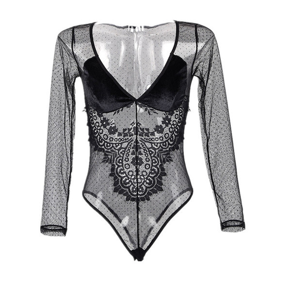 Moderan ženski bodi dugih rukava, dubokog dekoltea i čipke