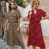 Rochie lunga de dama casual cu maneci scurte si model animal
