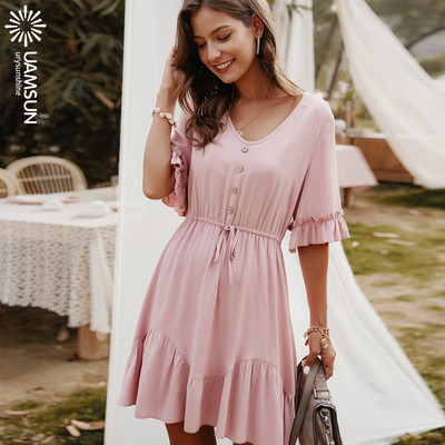 Γυναικείο κοντό φόρεμα με οβάλ λαιμόκοψη, κοντά μανίκια και κορδόνια