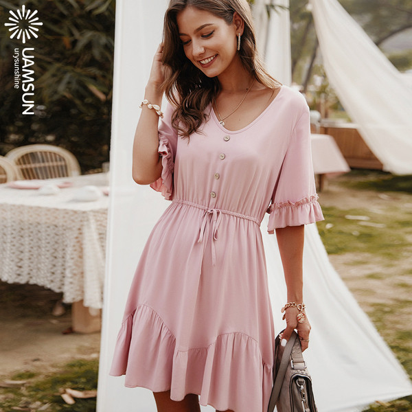 Γυναικείο κοντό φόρεμα με οβάλ λαιμόκοψη, κοντά μανίκια και κορδόνια