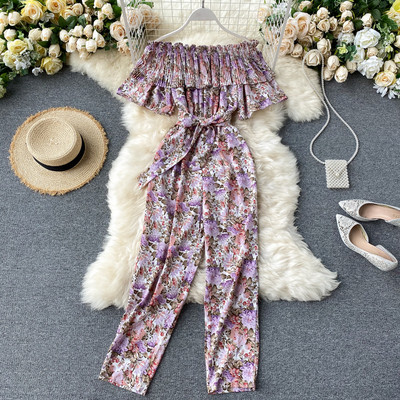 Salopeta lunga de dama cu model floral si centura in talie
