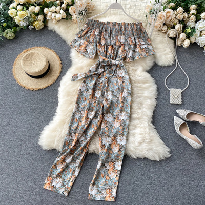 Salopeta lunga de dama cu model floral si centura in talie