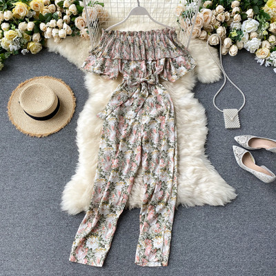 Salopeta lunga de dama cu model floral si centura in talie