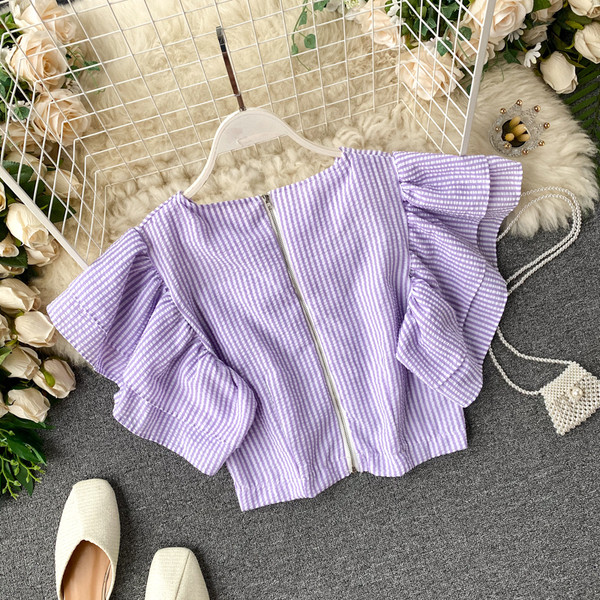 Bluză scurtă casual de damă, cu fermoar pe spate și decolteu oval