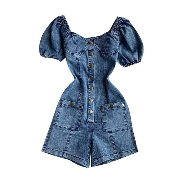 Καθημερινή γυναικεία ολόσωμη φόρμα τζιν με τετράγωνο ντεκολτέ και κουμπιά