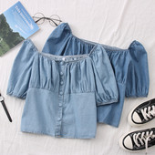 Bluza de dama din denim model nou cu decolteu barca si nasturi