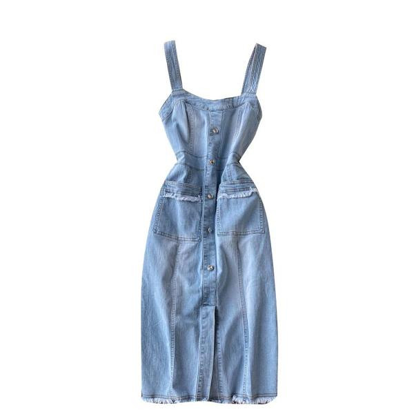 Alkalmi női farmer ruha gombokkal és széles pántokkal