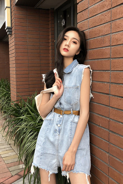 Γυναικείες κοντές ολόσωμες φόρμες τζιν  μοντέλο με ζώνη