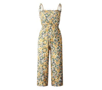 Salopetă de damă lejeră, lungă și largă, cu bretele subțiri și model floral