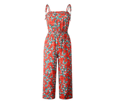 Salopetă de damă lejeră, lungă și largă, cu bretele subțiri și model floral