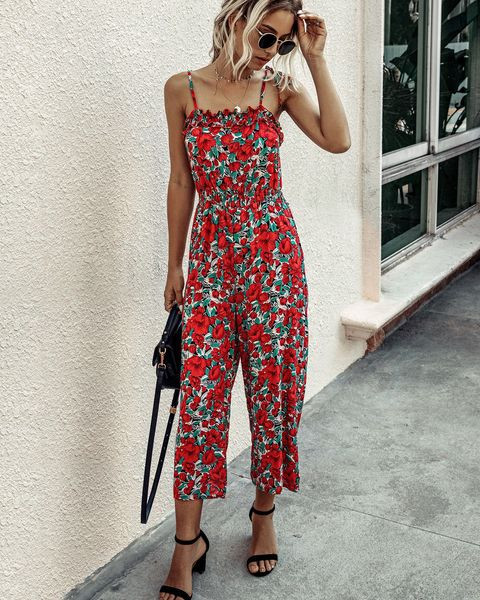 Lezser női hosszú, széles overall vékony pánttal, virágmintával