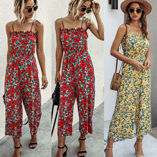 Lezser női hosszú, széles overall vékony pánttal, virágmintával