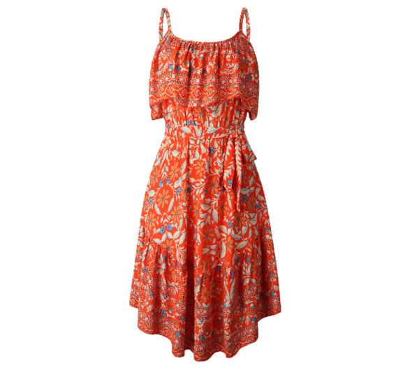 Ležerna ženska asimetrična haljina s tankim naramenicama i remenom oko struka