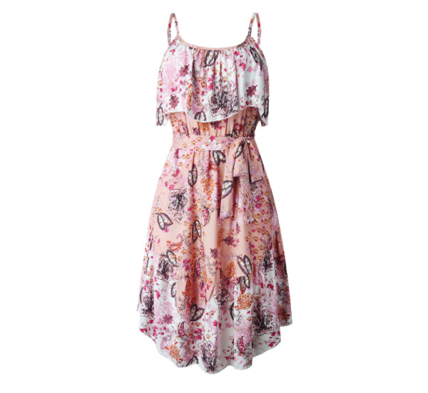 Ležerna ženska asimetrična haljina s tankim naramenicama i remenom oko struka