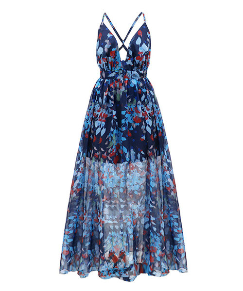 Ежедневна дамска дълга разкроена рокля с тънки презрамки подходяща за плаж 