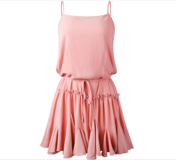 Ежедневна дамска рокля с тънки презрамки и колан на талията