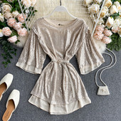 Дамска стилна рокля с пайети и колан на талията