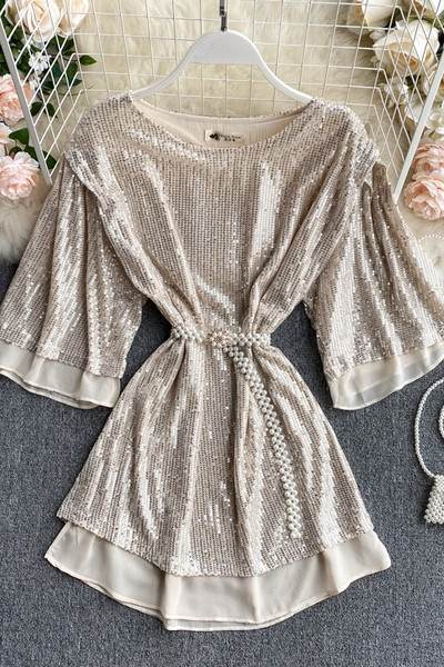 Дамска стилна рокля с пайети и колан на талията