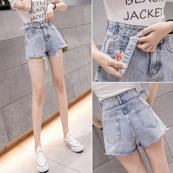 Ежедневни дамски къси дънки с колан и висока талия в син цвят