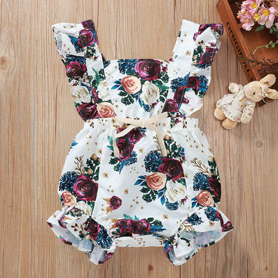 Salopeta pentru copii cu bretele si model floral alb