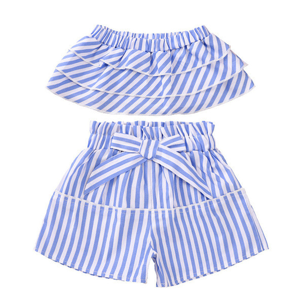 Moodne lastekomplekt kaheosalisest topist + kõrge vöökohaga lühikesed püksid