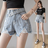 Дамски ежедневни къси дънки с висока талия и камъни