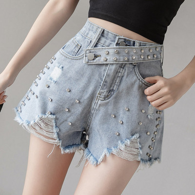 Дамски ежедневни къси дънки с висока талия и камъни