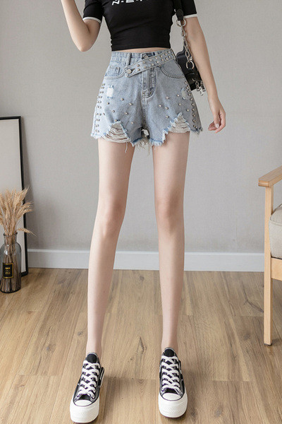 Дамски ежедневни къси дънки с висока талия и камъни