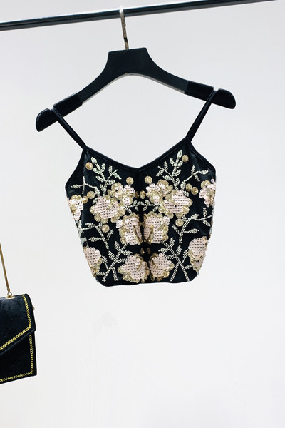 Нов модел къс дамски потник с тънки презрамки и пайети