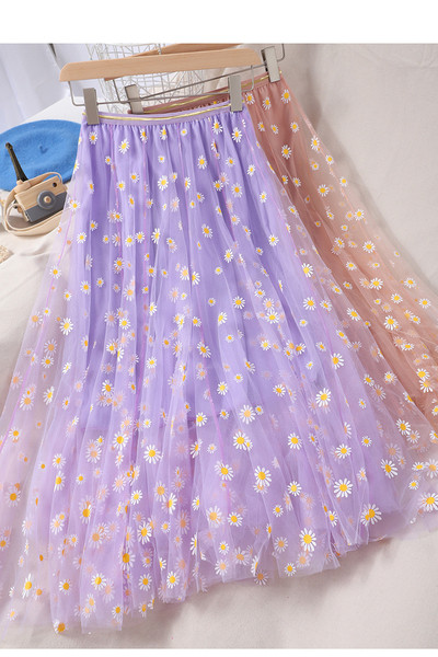 Γυναικεία φούστα με τούλι και λουλούδια - ψηλή μέση