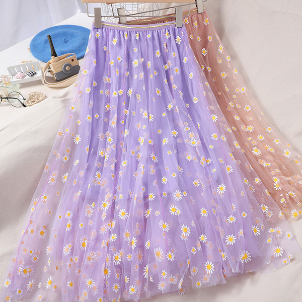 Γυναικεία φούστα με τούλι και λουλούδια - ψηλή μέση