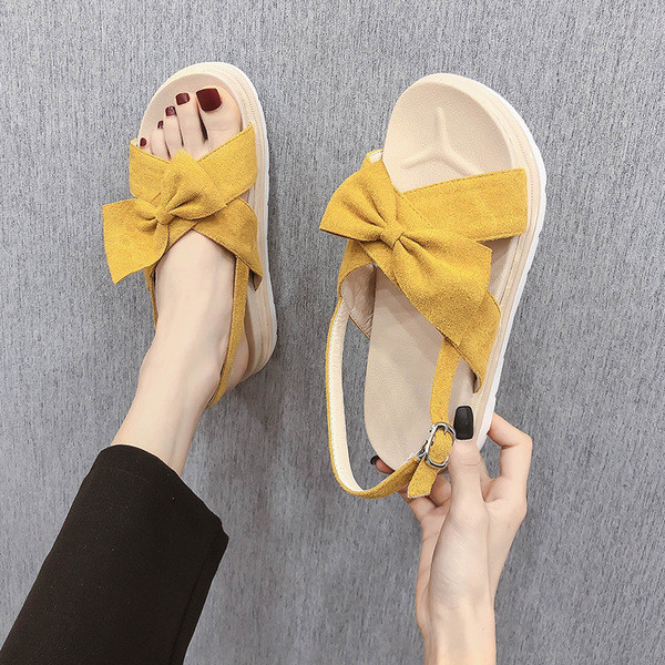 Ежедневни дамски сандали от еко велур с панделка и равна подметка
